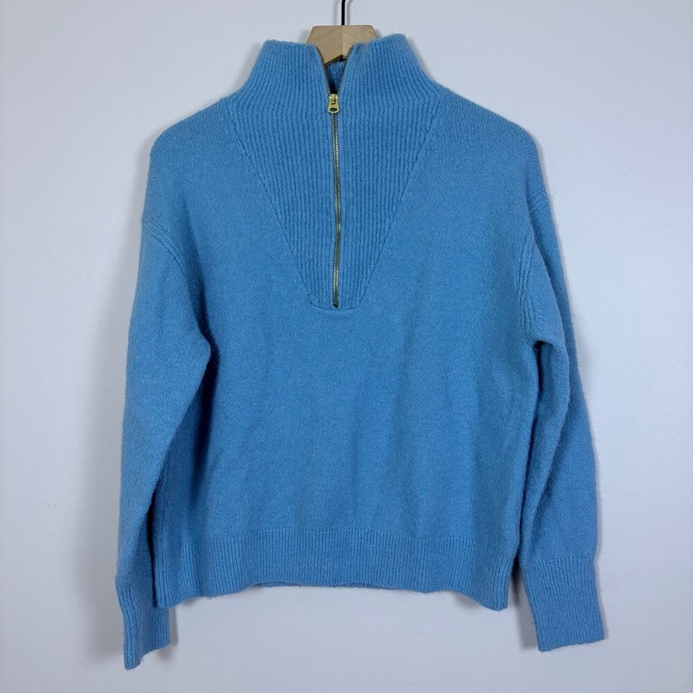 J.Crew Women’s M Blue Quarter Zip Sweater Alpaca Merino Wool Blend Ribbed Collar
